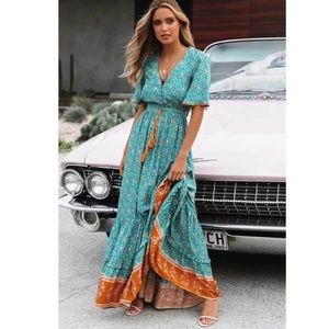 NWOT Boho Maxi Dress with Button Front and Border Print Hem